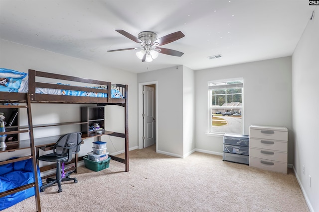 carpeted bedroom featuring ceiling fan