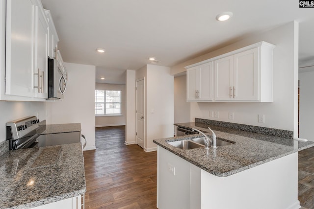 kitchen with sink, white cabinetry, and kitchen peninsula