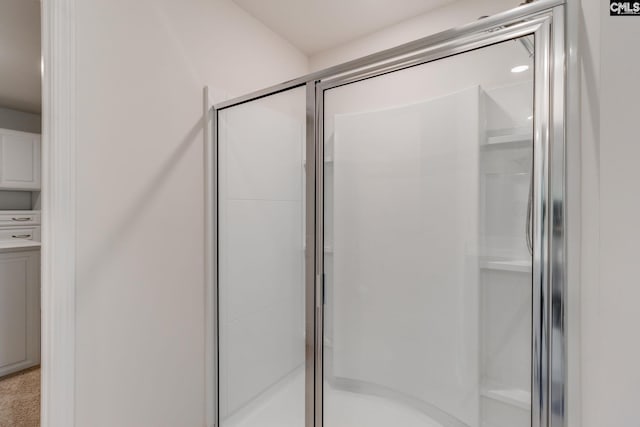 bathroom with a shower with door