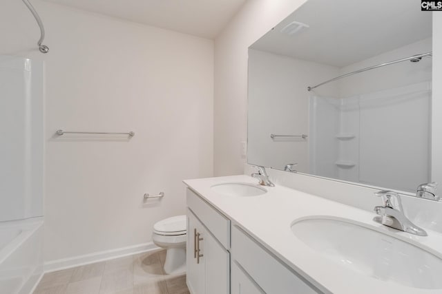 full bathroom featuring vanity, toilet, shower / tub combination, and tile patterned flooring