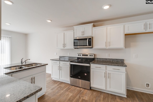 kitchen featuring light hardwood / wood-style floors, stainless steel appliances, and white cabinets