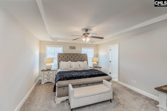 bedroom with ceiling fan, ornamental molding, and light colored carpet