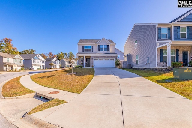 view of front of house with a front yard, a garage, and central AC unit