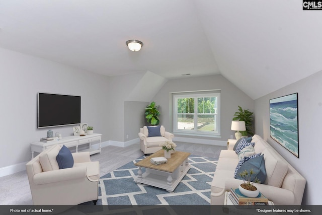 carpeted living room with vaulted ceiling