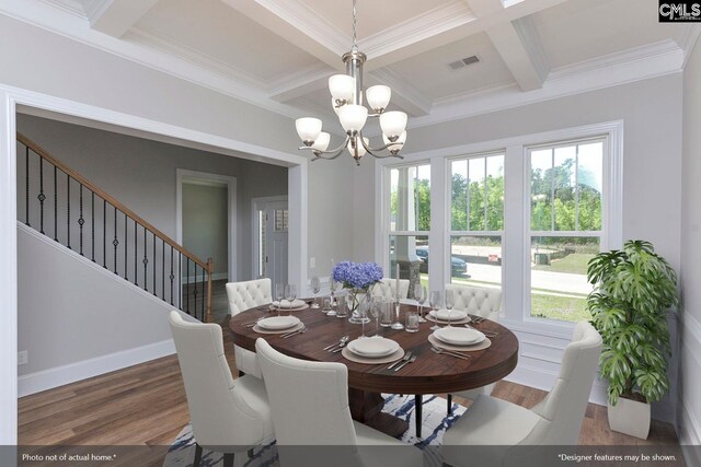 dining room with beam ceiling, a healthy amount of sunlight, coffered ceiling, and dark hardwood / wood-style flooring