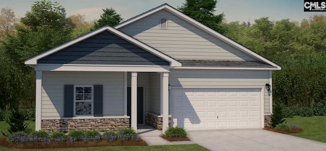 view of front of home with stone siding, an attached garage, and concrete driveway