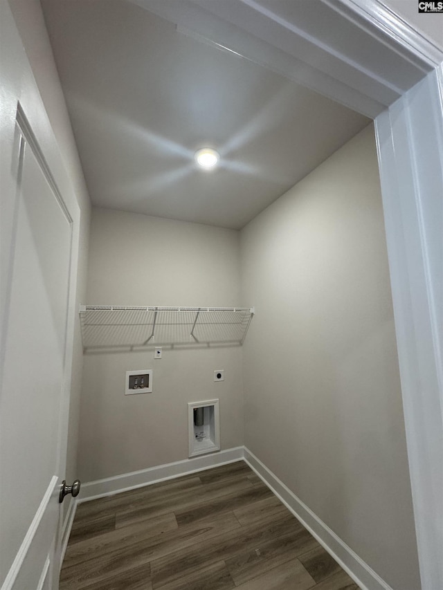 1282 Sessions Rd, Elgin, SC 29045 - laundry area featuring hookup for an electric dryer, dark wood-type flooring, hookup for a washing machine, and baseboards