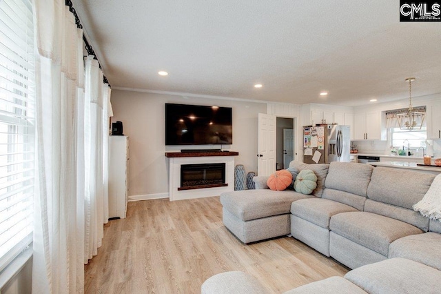 living room with sink, crown molding, an inviting chandelier, and light wood-type flooring