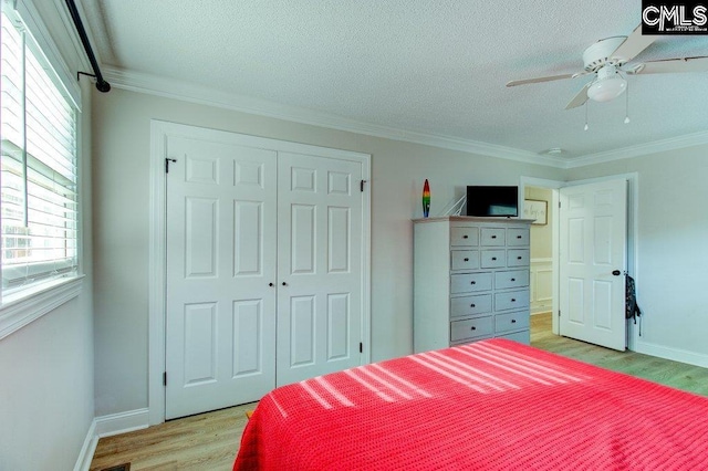 bedroom with light hardwood / wood-style flooring, a closet, ornamental molding, and ceiling fan