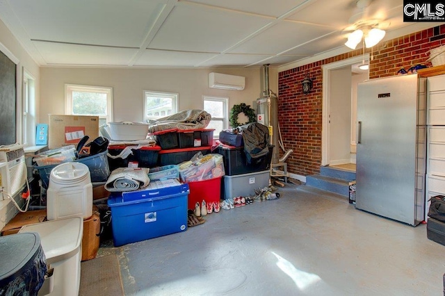 interior space featuring ceiling fan, a wall mounted AC, and gas water heater