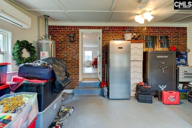 garage featuring water heater, a wall unit AC, and ceiling fan