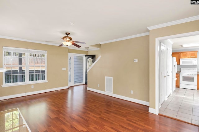 unfurnished living room featuring light wood-type flooring, ceiling fan, and crown molding