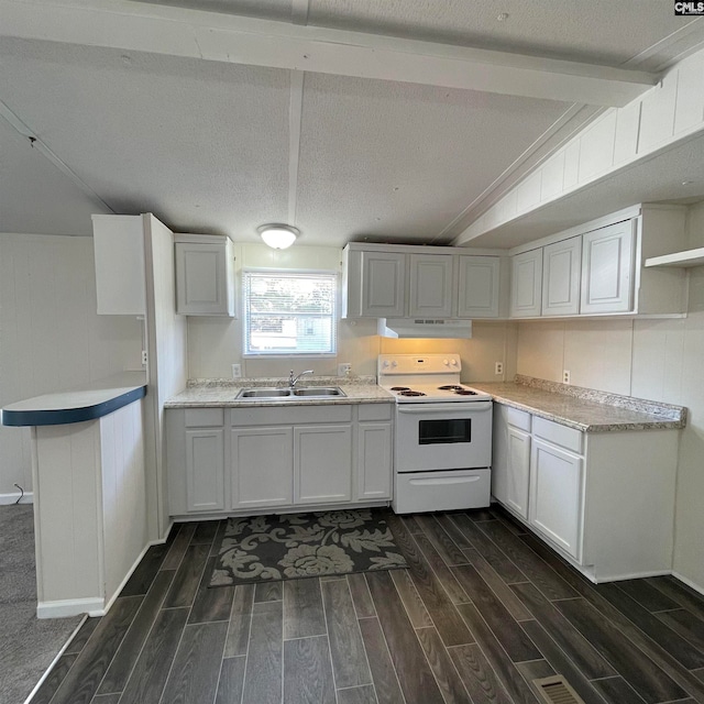 kitchen featuring white cabinetry, white electric range, and dark wood-type flooring