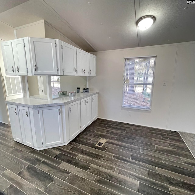 kitchen with white cabinetry, dark wood-type flooring, and a textured ceiling