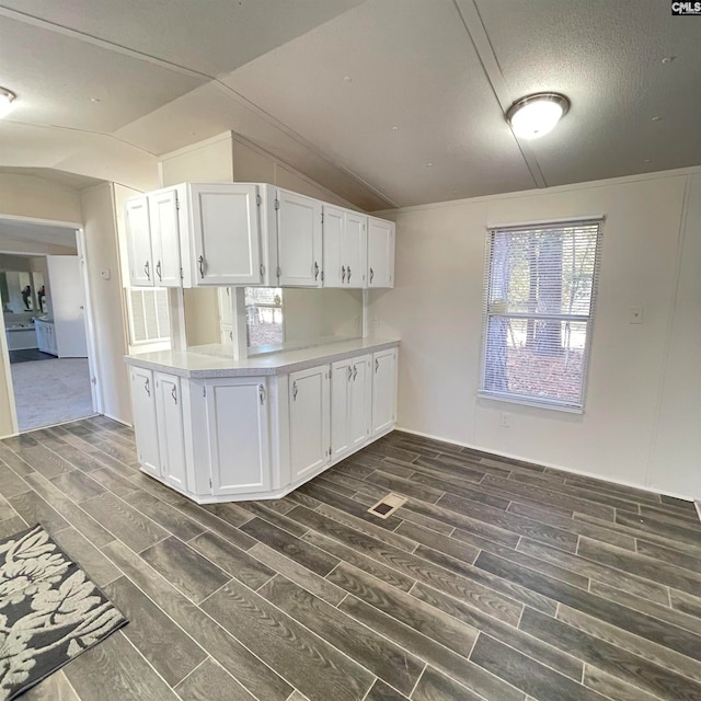 kitchen with white cabinets, vaulted ceiling, and dark hardwood / wood-style flooring