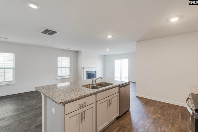 kitchen featuring dark hardwood / wood-style flooring, appliances with stainless steel finishes, sink, and a healthy amount of sunlight