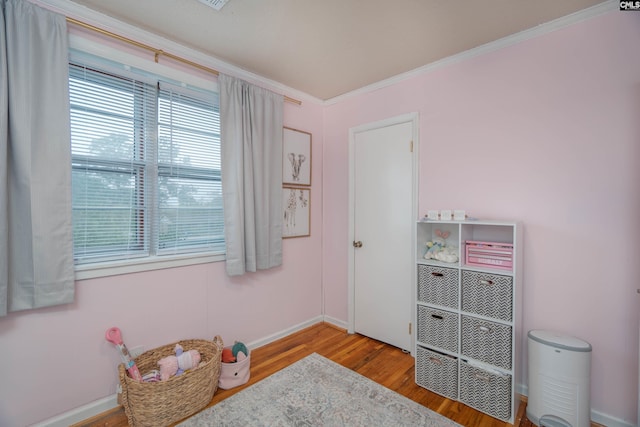 interior space featuring light hardwood / wood-style floors and crown molding