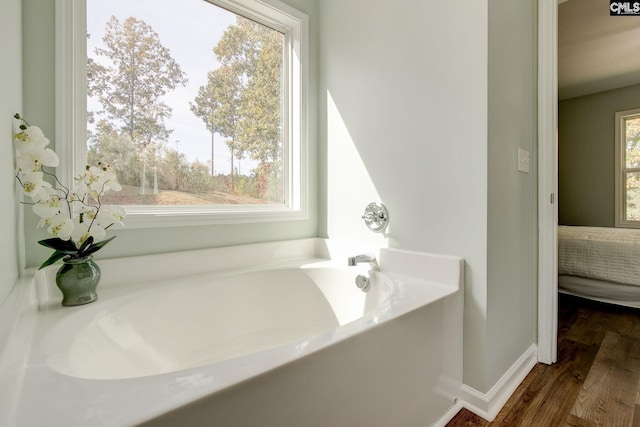 bathroom featuring hardwood / wood-style flooring, a healthy amount of sunlight, and a washtub