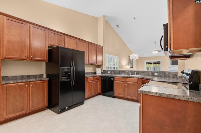 kitchen with black appliances, high vaulted ceiling, hanging light fixtures, sink, and kitchen peninsula