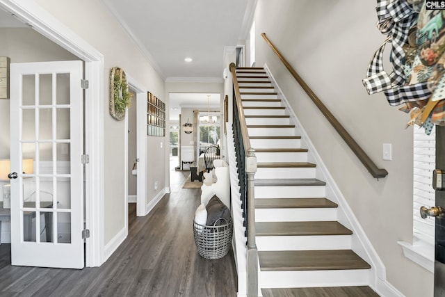 339 Newberg Rd, Chapin, SC 29036 - stairway with wood finished floors, ornamental molding, recessed lighting, and baseboards