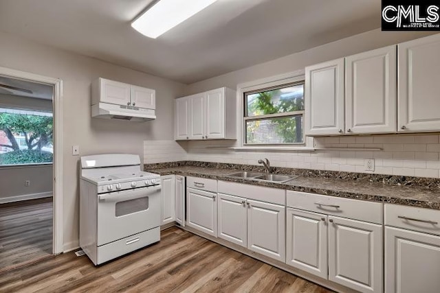 2230 Corning Rd, Columbia, SC 29205 - kitchen featuring white gas stove, under cabinet range hood, white cabinetry, a sink, and dark countertops