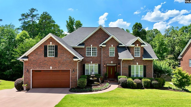 view of front of property featuring a garage and a front lawn