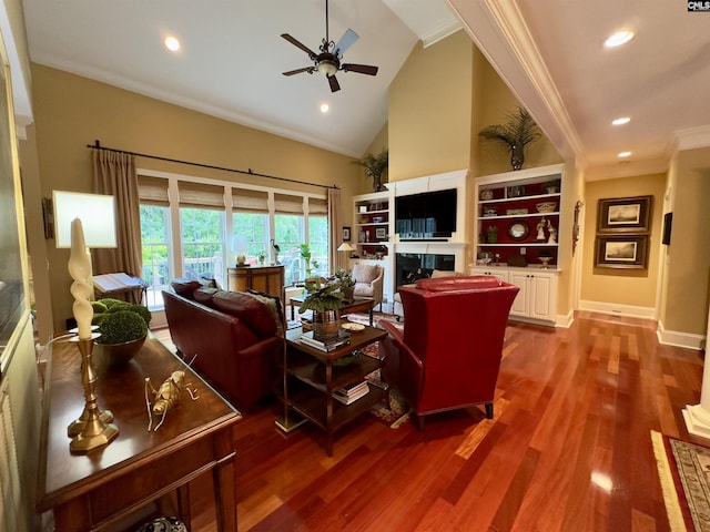 345 Old Wood Dr, Columbia, SC 29212 - living area with ceiling fan, dark wood-style flooring, high vaulted ceiling, recessed lighting, and ornamental molding