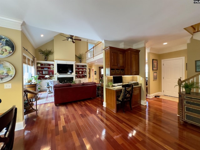 345 Old Wood Dr, Columbia, SC 29212 - living area featuring ceiling fan, dark wood-type flooring, ornamental molding, recessed lighting, and baseboards