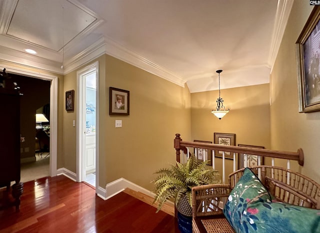 345 Old Wood Dr, Columbia, SC 29212 - living area featuring attic access, an upstairs landing, wood finished floors, crown molding, and baseboards
