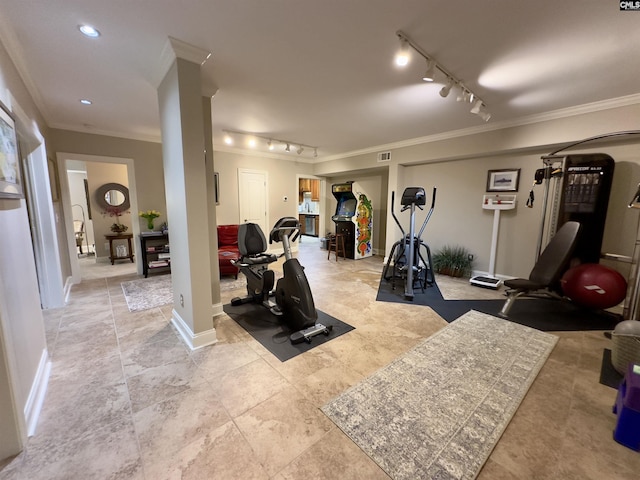 345 Old Wood Dr, Columbia, SC 29212 - exercise room with track lighting, crown molding, and baseboards
