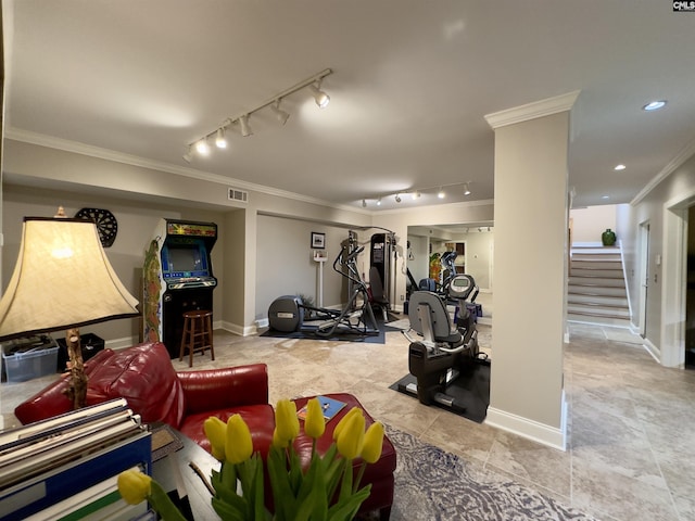 345 Old Wood Dr, Columbia, SC 29212 - exercise area featuring track lighting, ornamental molding, and baseboards