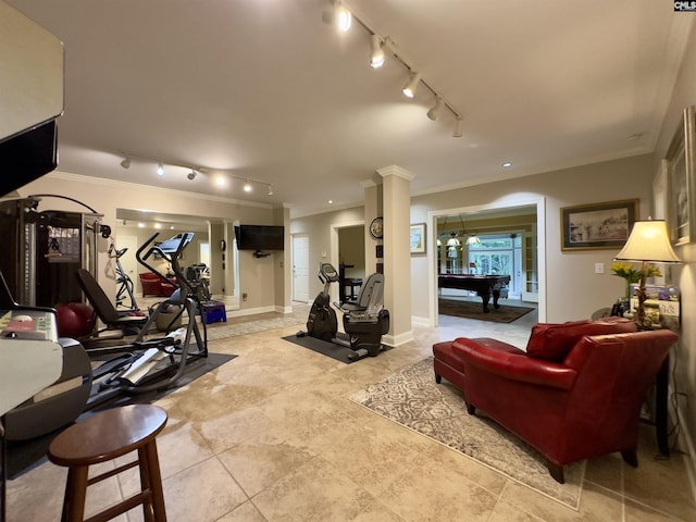 345 Old Wood Dr, Columbia, SC 29212 - exercise room featuring track lighting, decorative columns, crown molding, and billiards