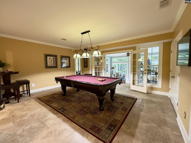 345 Old Wood Dr, Columbia, SC 29212 - recreation room with french doors, billiards, ornamental molding, baseboards, and tile patterned flooring