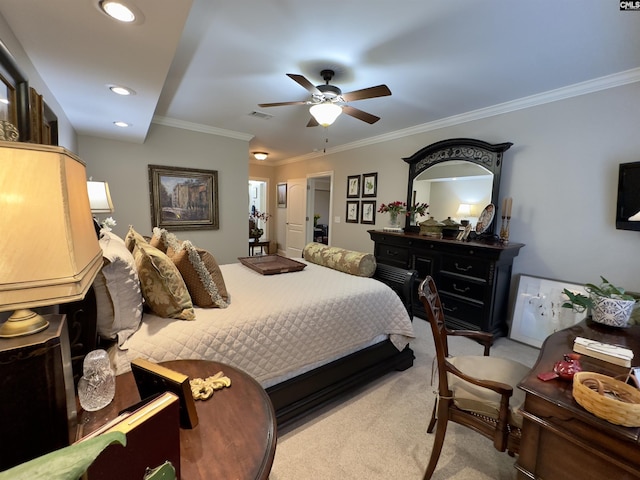 345 Old Wood Dr, Columbia, SC 29212 - bedroom with light carpet, ornamental molding, ceiling fan, and recessed lighting