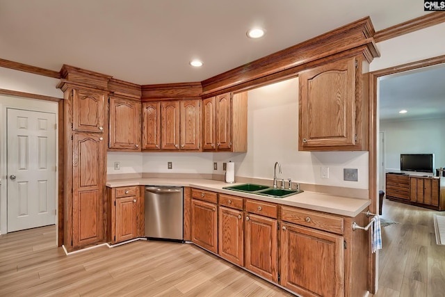 kitchen with stainless steel dishwasher, light hardwood / wood-style flooring, sink, and crown molding