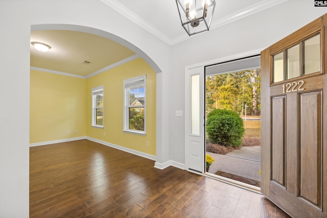 foyer featuring dark wood-type flooring, a chandelier, ornamental molding, and plenty of natural light