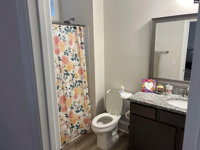 bathroom featuring hardwood / wood-style flooring, vanity, curtained shower, and toilet