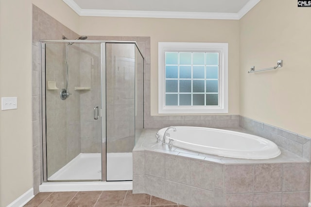 bathroom featuring separate shower and tub, tile patterned flooring, and crown molding