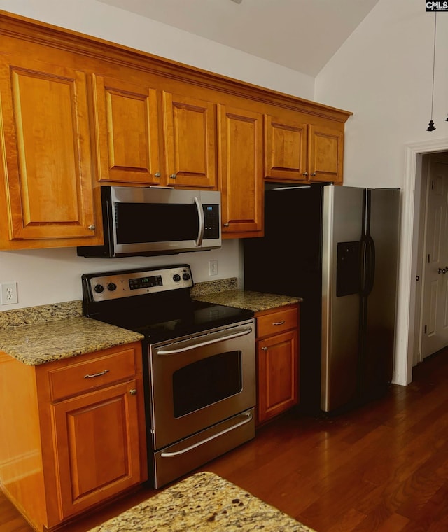 kitchen featuring stainless steel appliances, dark hardwood / wood-style flooring, light stone counters, vaulted ceiling, and decorative light fixtures