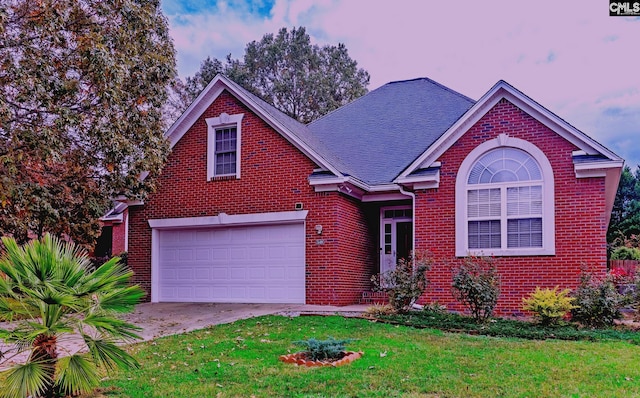 view of front of house with a garage and a yard