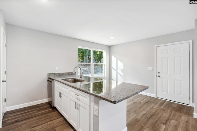 kitchen with dishwasher, sink, kitchen peninsula, dark stone counters, and white cabinets