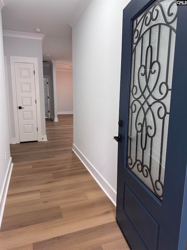 foyer entrance featuring wood-type flooring and ornamental molding