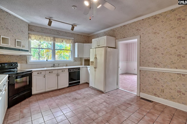 115 Cedar Lake Rd, Blythewood, SC 29016 - kitchen with black appliances, under cabinet range hood, white cabinetry, a sink, and crown molding
