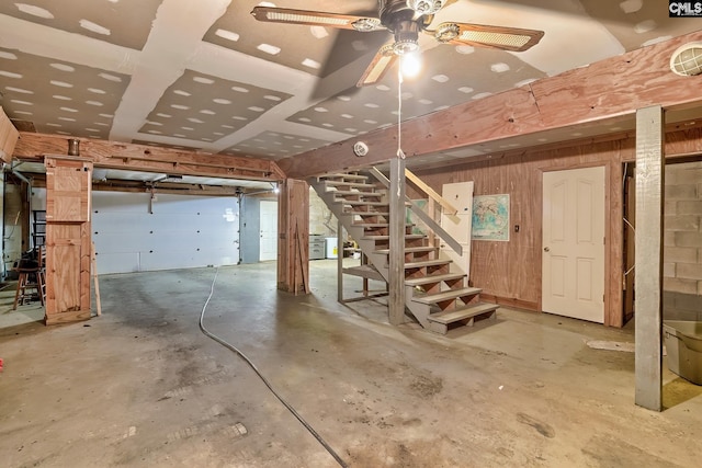 115 Cedar Lake Rd, Blythewood, SC 29016 - basement featuring stairway, a ceiling fan, and wooden walls