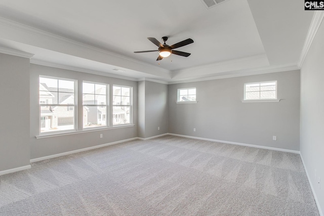 spare room featuring baseboards, a tray ceiling, and light colored carpet