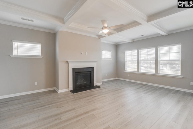 unfurnished living room featuring light wood-type flooring, a fireplace with flush hearth, visible vents, and baseboards