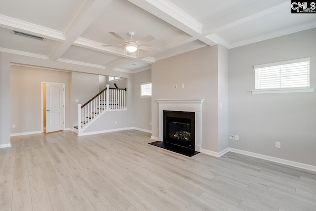 unfurnished living room featuring stairs, light wood-type flooring, visible vents, and plenty of natural light