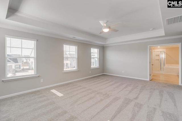 carpeted spare room with baseboards, ceiling fan, a raised ceiling, and crown molding