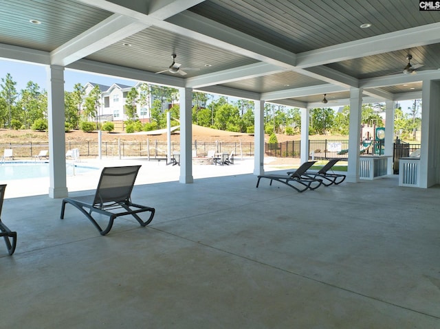 view of patio featuring a ceiling fan, a fenced in pool, fence, and a playground