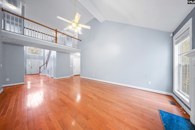 unfurnished living room featuring ceiling fan, wood-type flooring, beam ceiling, and high vaulted ceiling